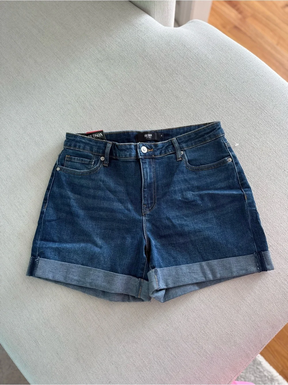 Dark Blue Denim Roll-Cuff Women's Shorts - Picture 1 of 4